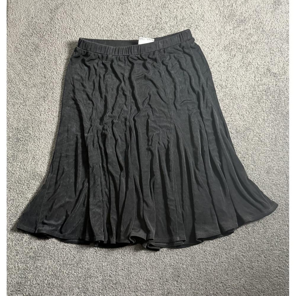 Chicos Travelers Black Midi Skirt Size 1 Elastic Waist Paneled Flared USA Made
